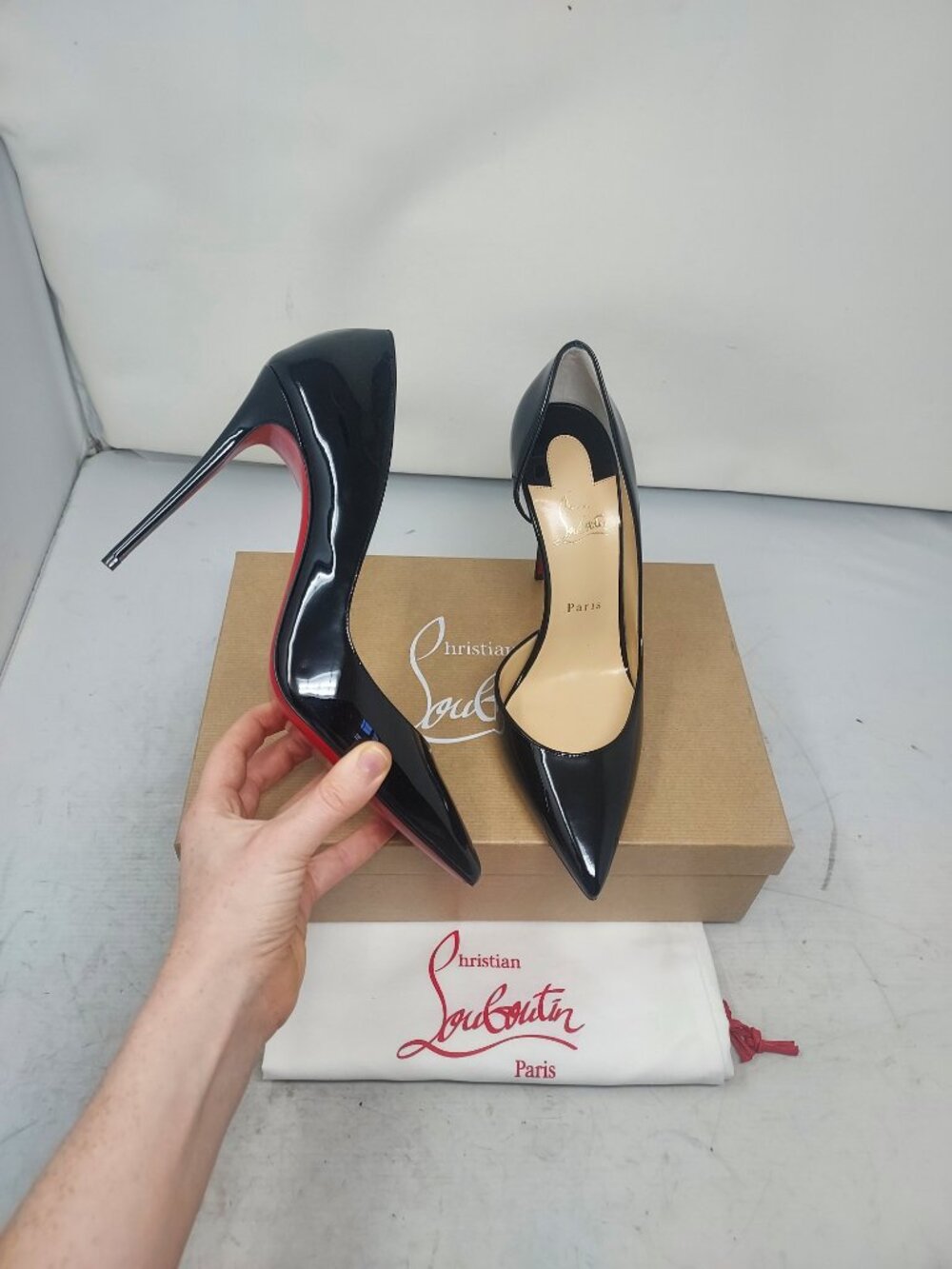 Christian Louboutin Patent Black Iriza Leather Half-d'Orsay Pump Heel Shoe